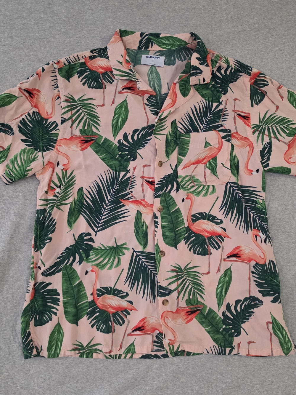 Old Navy Pink Flamingo & Green Leaf Short-Sleeve Button-Up Shirt